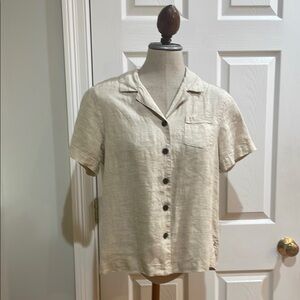 Caribbean Joe 100% linen Beige Button-Up short sleeve collar Shirt women size PM